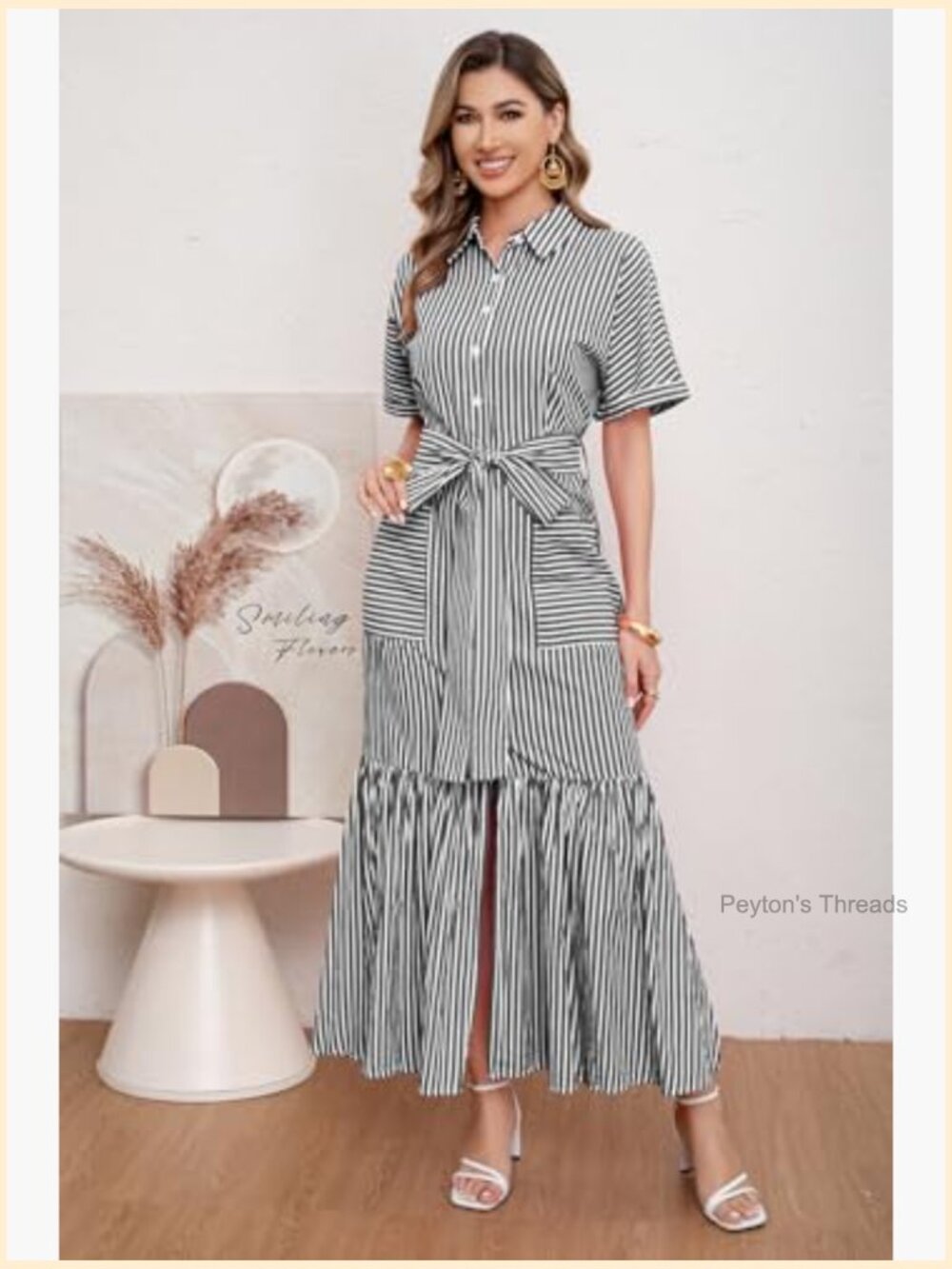 Striped Button Down Maxi Dress with Belt Pockets Short Sleeve A-Line Cotton - Picture 2 of 7